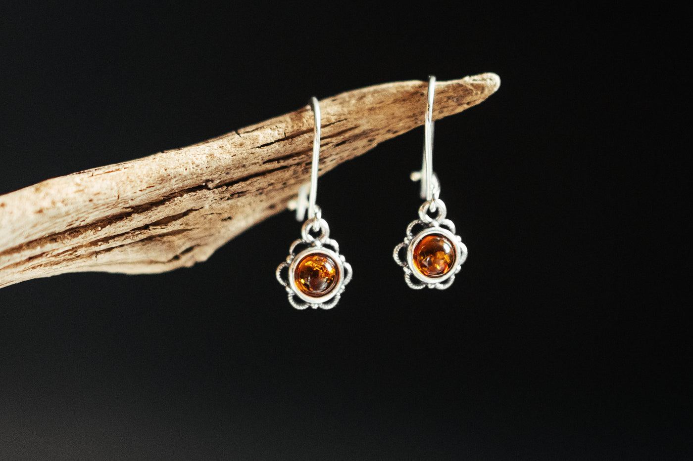 Blooming Delight -  Silver Flower Dangle Earrings with Baltic Amber