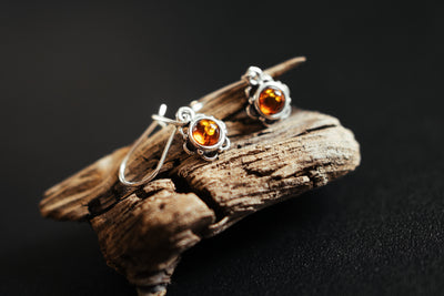 Blooming Delight -  Silver Flower Dangle Earrings with Baltic Amber