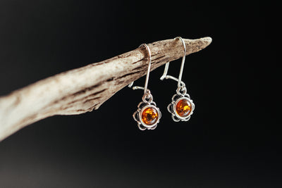 Blooming Delight -  Silver Flower Dangle Earrings with Baltic Amber