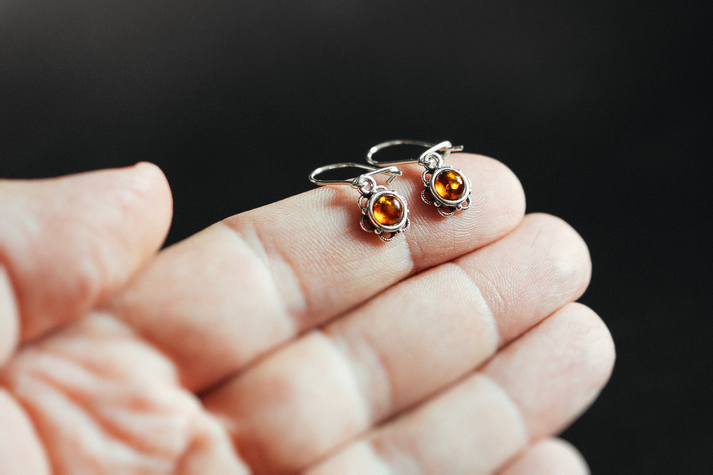 Blooming Delight -  Silver Flower Dangle Earrings with Baltic Amber