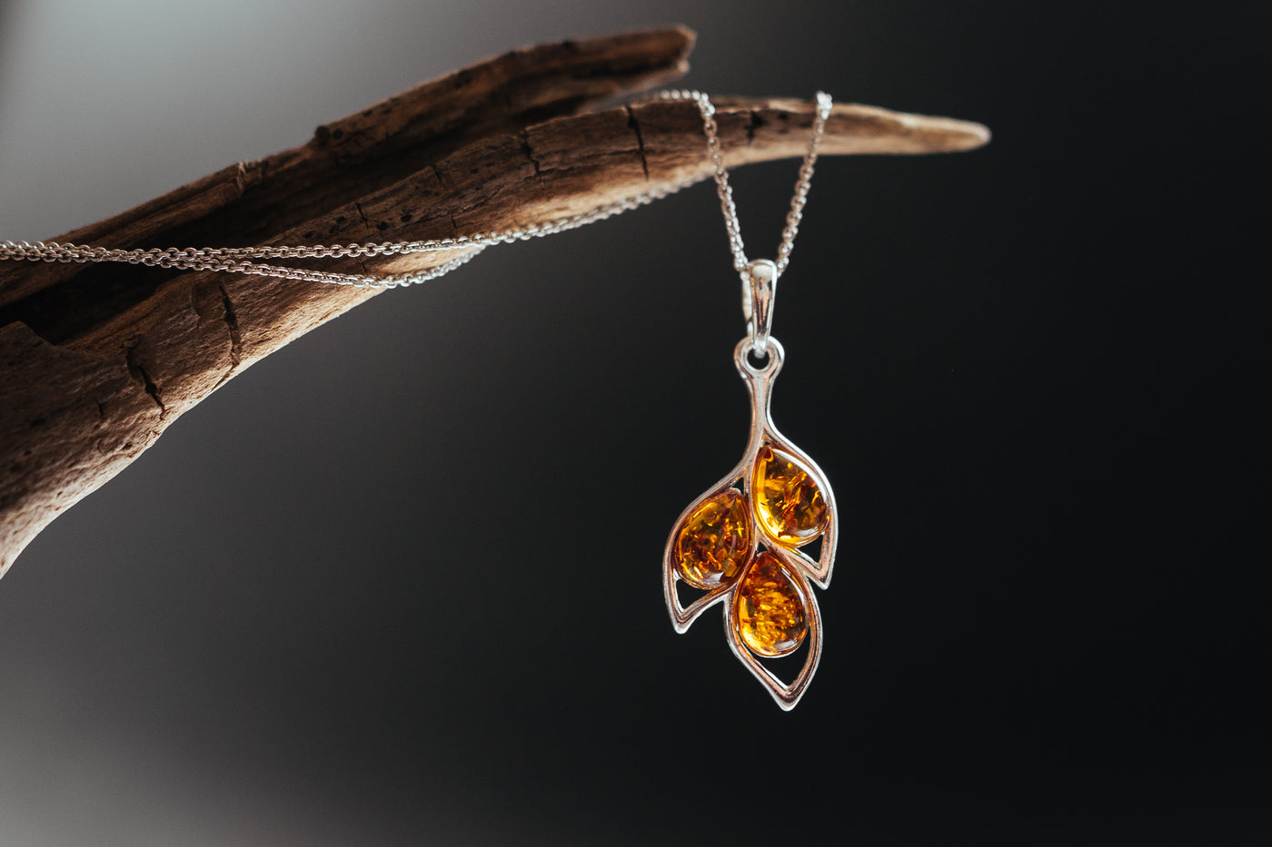 Nature's Symphony - Silver Leaf Pendant with Baltic Amber