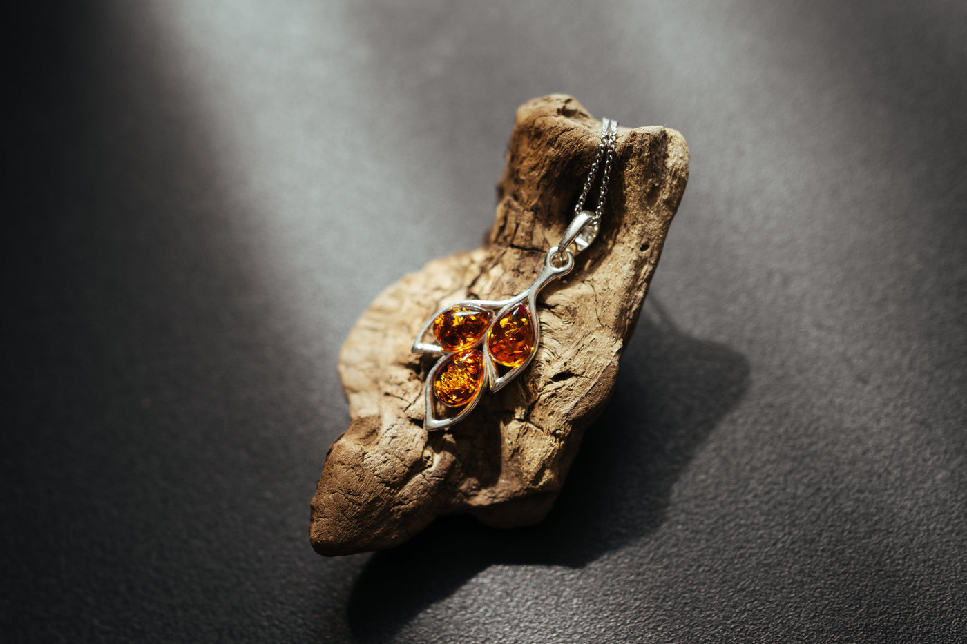 Nature's Symphony - Silver Leaf Pendant with Baltic Amber
