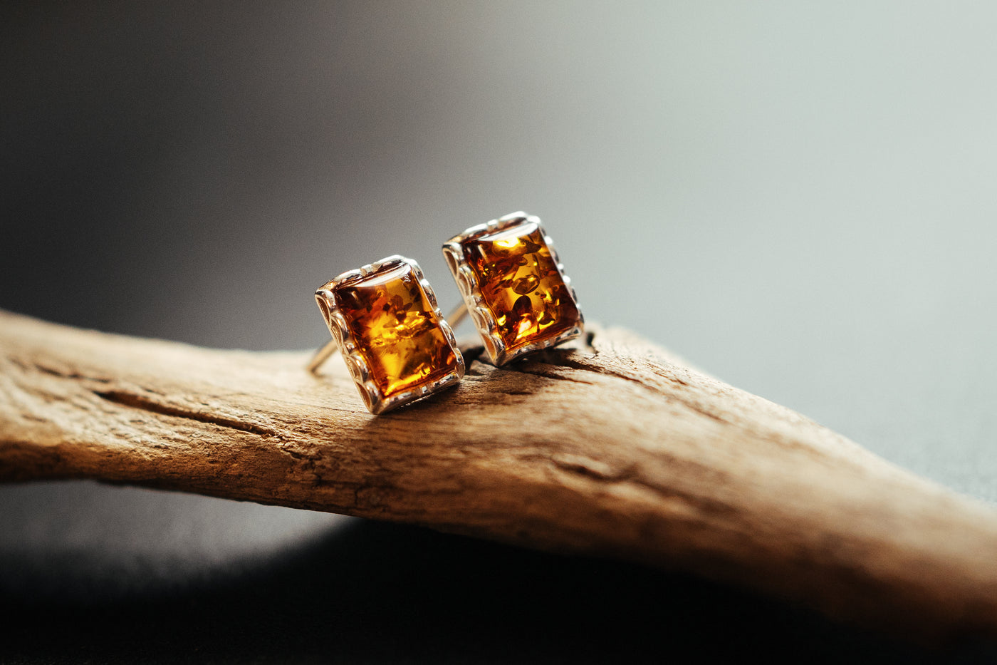 Elegant Rectangular Earrings with Baltic Amber