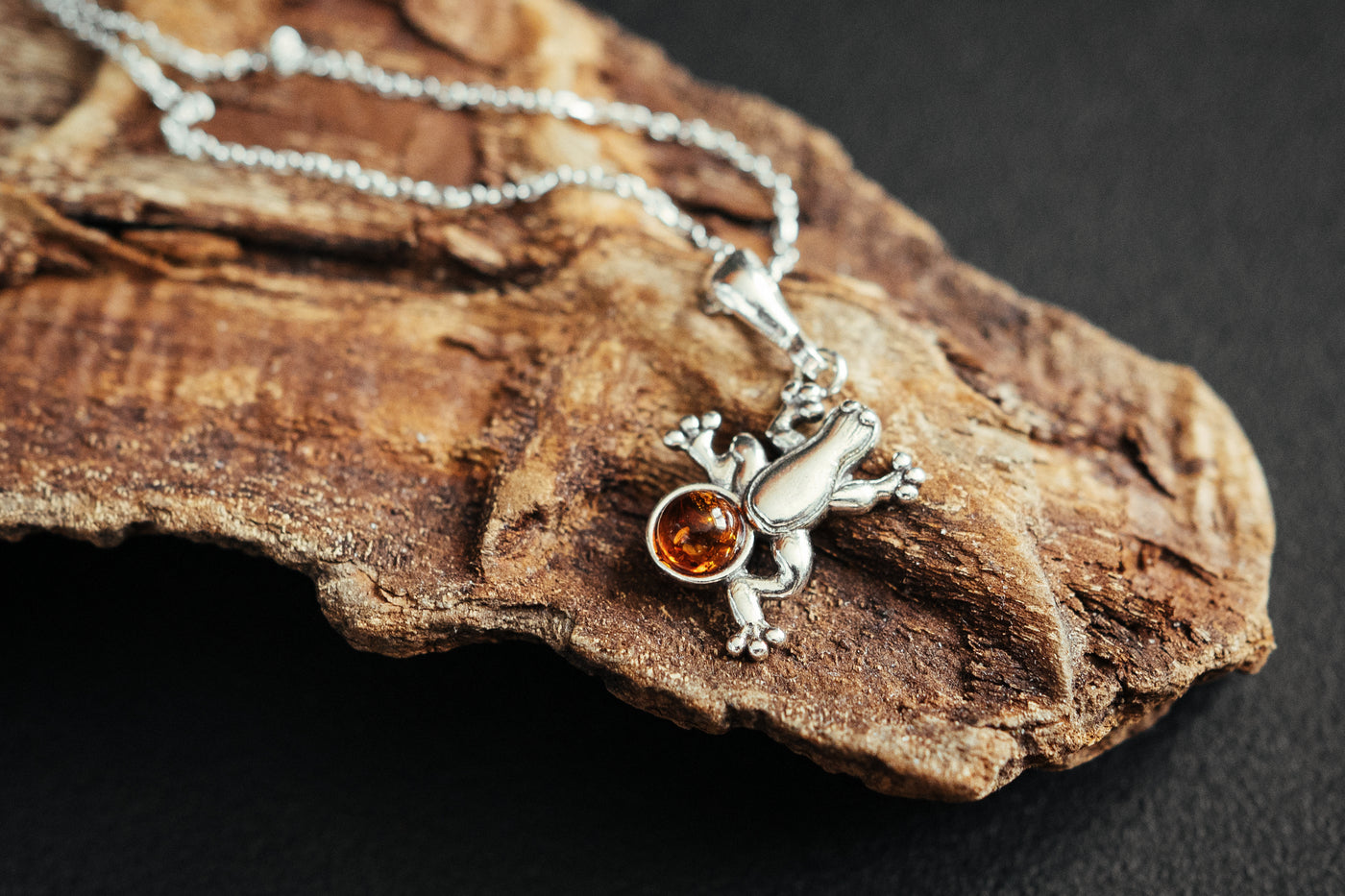 Silver Frog Pendant with Baltic Amber