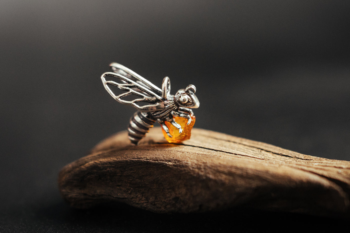 Buzzing Beauty - Silver Bee Pendant with Natural Baltic Amber