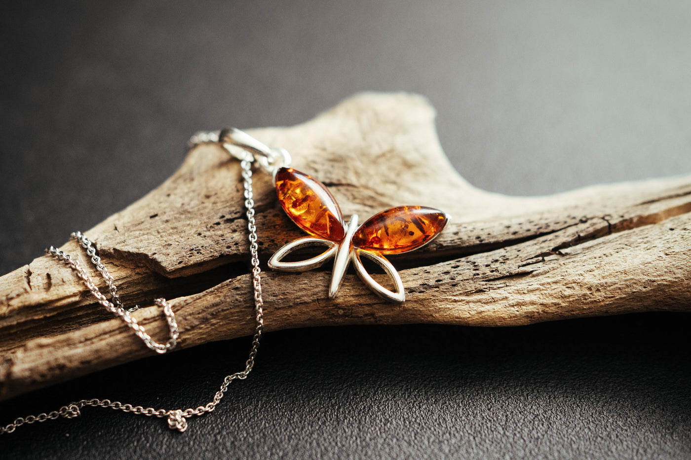 Magic Wings - Silver Dragonfly Pendant with Baltic Amber