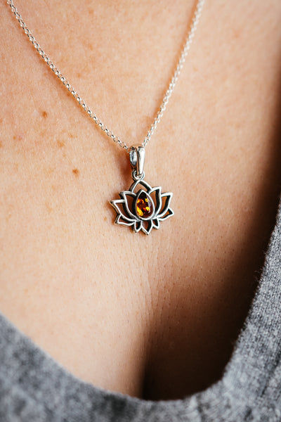 Sterling Silver Lotus Pendant with Amber