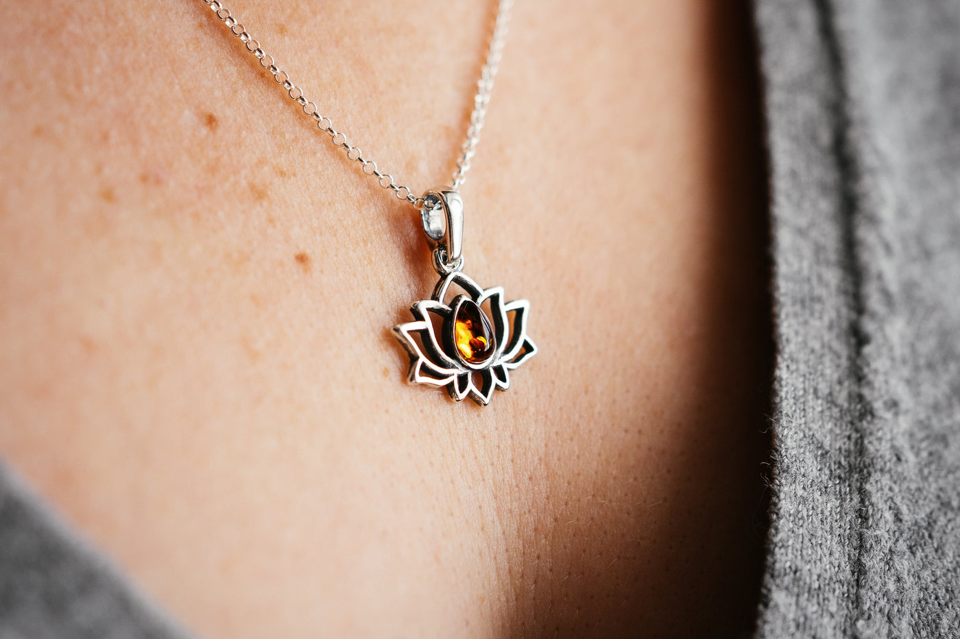 Sterling Silver Lotus Pendant with Amber