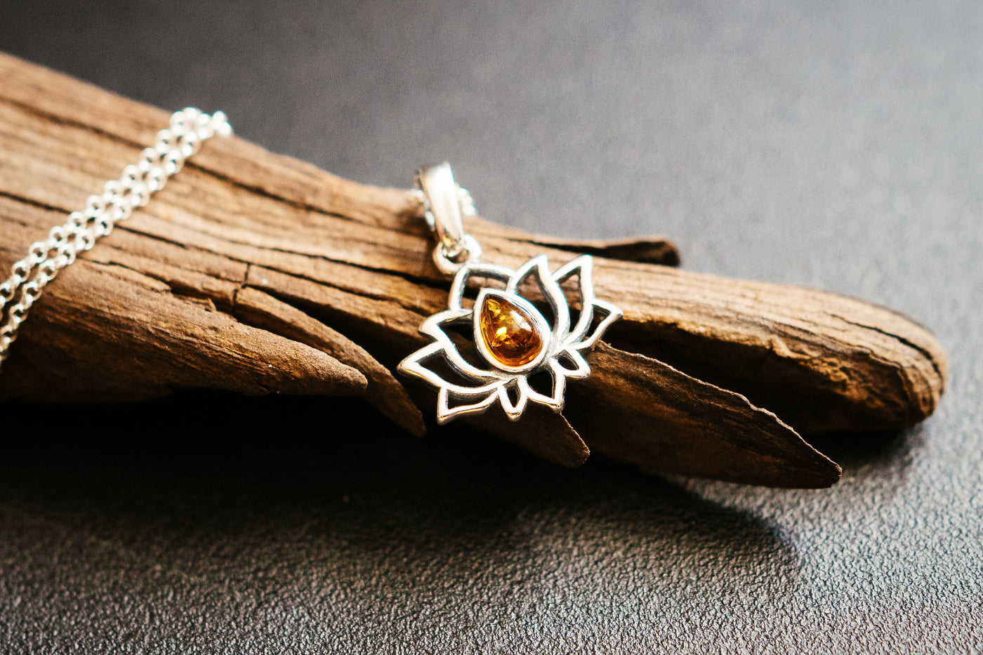 Sterling Silver Lotus Pendant with Amber