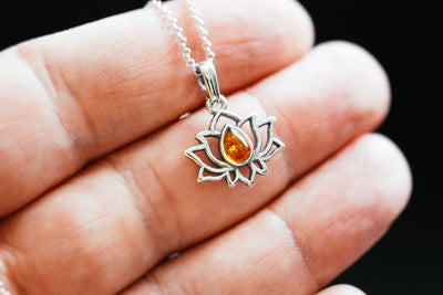Sterling Silver Lotus Pendant with Amber