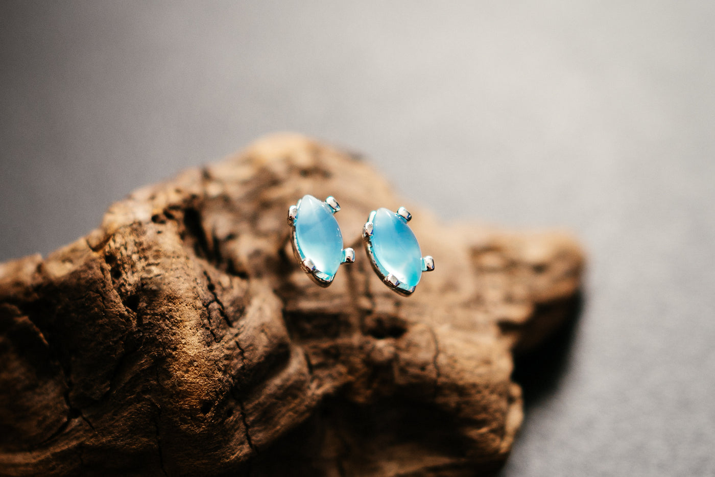 Aqua Agate Stud Earrings – Sterling Silver Marquise-Cut Blue Gemstone