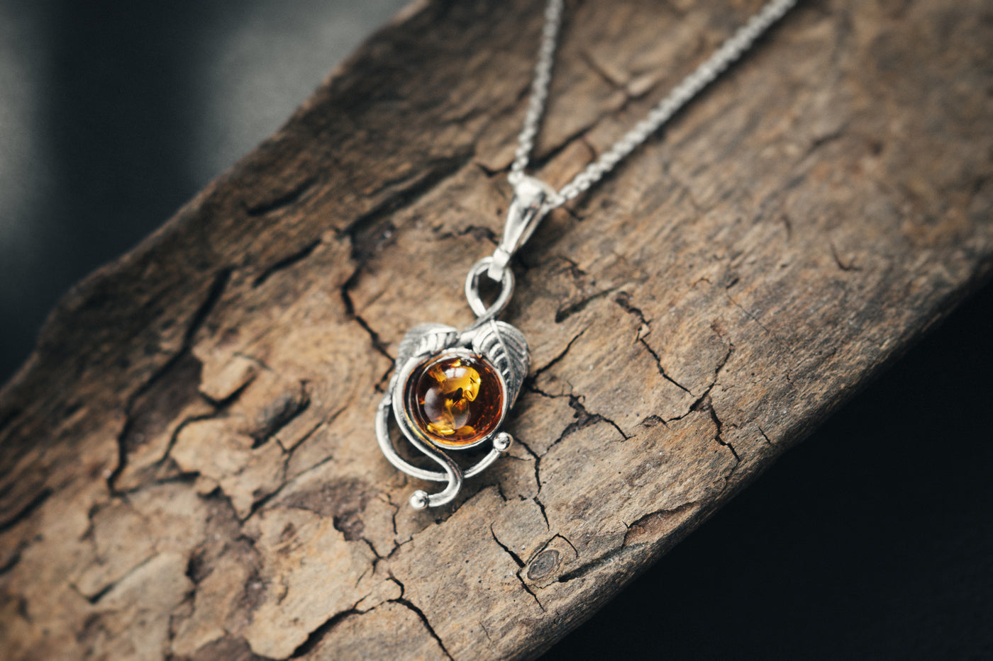 Autumn's Radiance - Silver Leaf Pendant with Baltic Amber