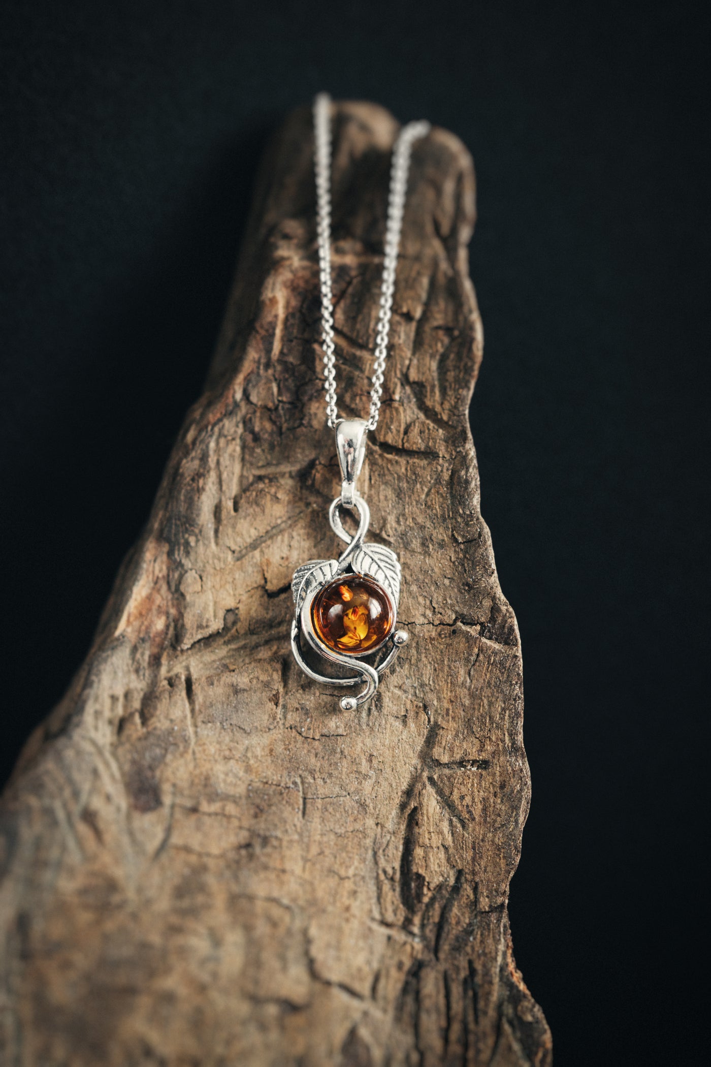 Autumn's Radiance - Silver Leaf Pendant with Baltic Amber